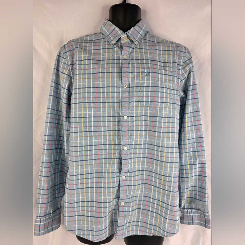 Penguin By Munsingwear Men's Blue Plaid Button Down Shirt Size Large N-3359